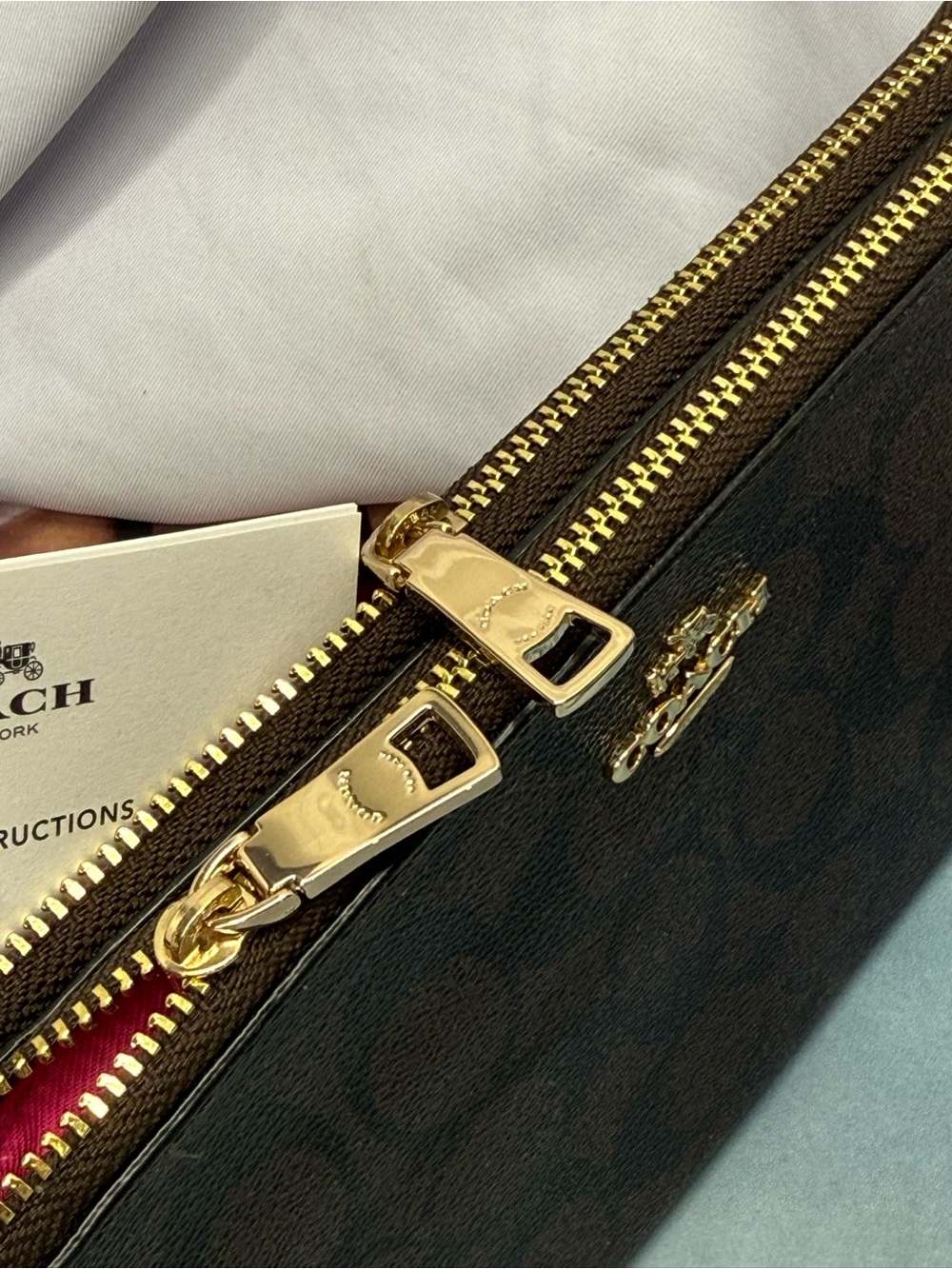 (new+tag) Coach Double-Zip Wristlet Brown Signature Monogram - Pink Wrist Strap - Picture 3 of 12